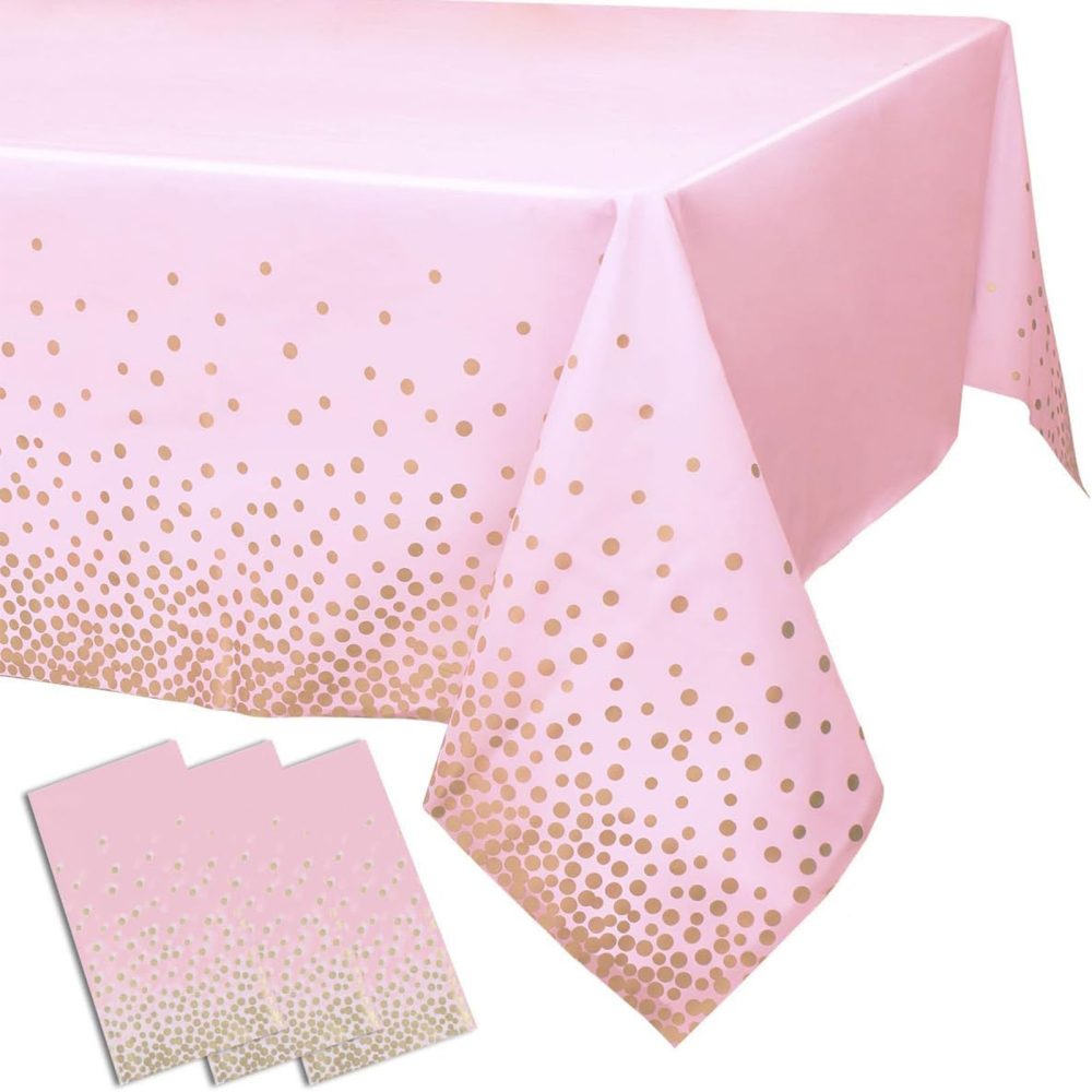 Kesfey 3 PCS Pink and Gold Polka Dots Plastic Tablecloths, Rectangle Disposable Table Covers Bridal Shower 54x108 Inch Table Cloths for Picnic Birthday Wedding Parties