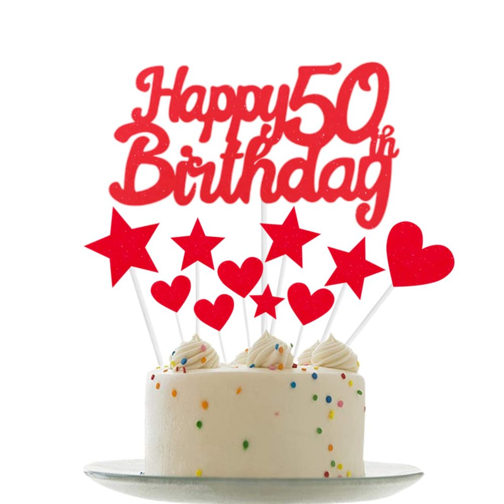 Personalised Happy 50th Birthday Cake Toppers Red Cake Decorations for Women,Her,Lady 50th Birthday Cake Cupcake Topper, Glitter Cakes Banner Decoration for 50 Birthday Anniversary Party Supplies