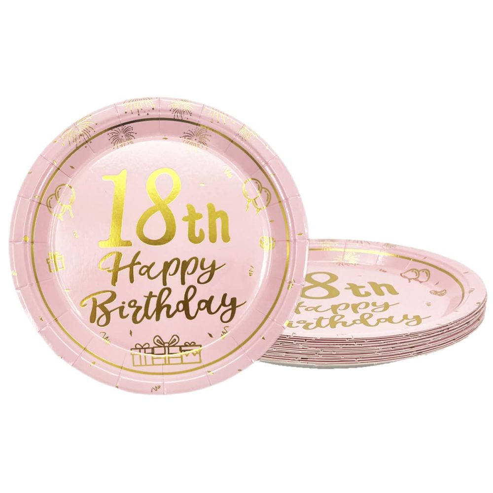 16Pcs Pink Gold 18th Birthday Paper Plates 7",Birthday Tableware Party Plate Disposable,Happy 18th Birthday Decorations Plates for Boys,Girls,Kids,Him,Her 18th Birthday Party Decorations Supplies
