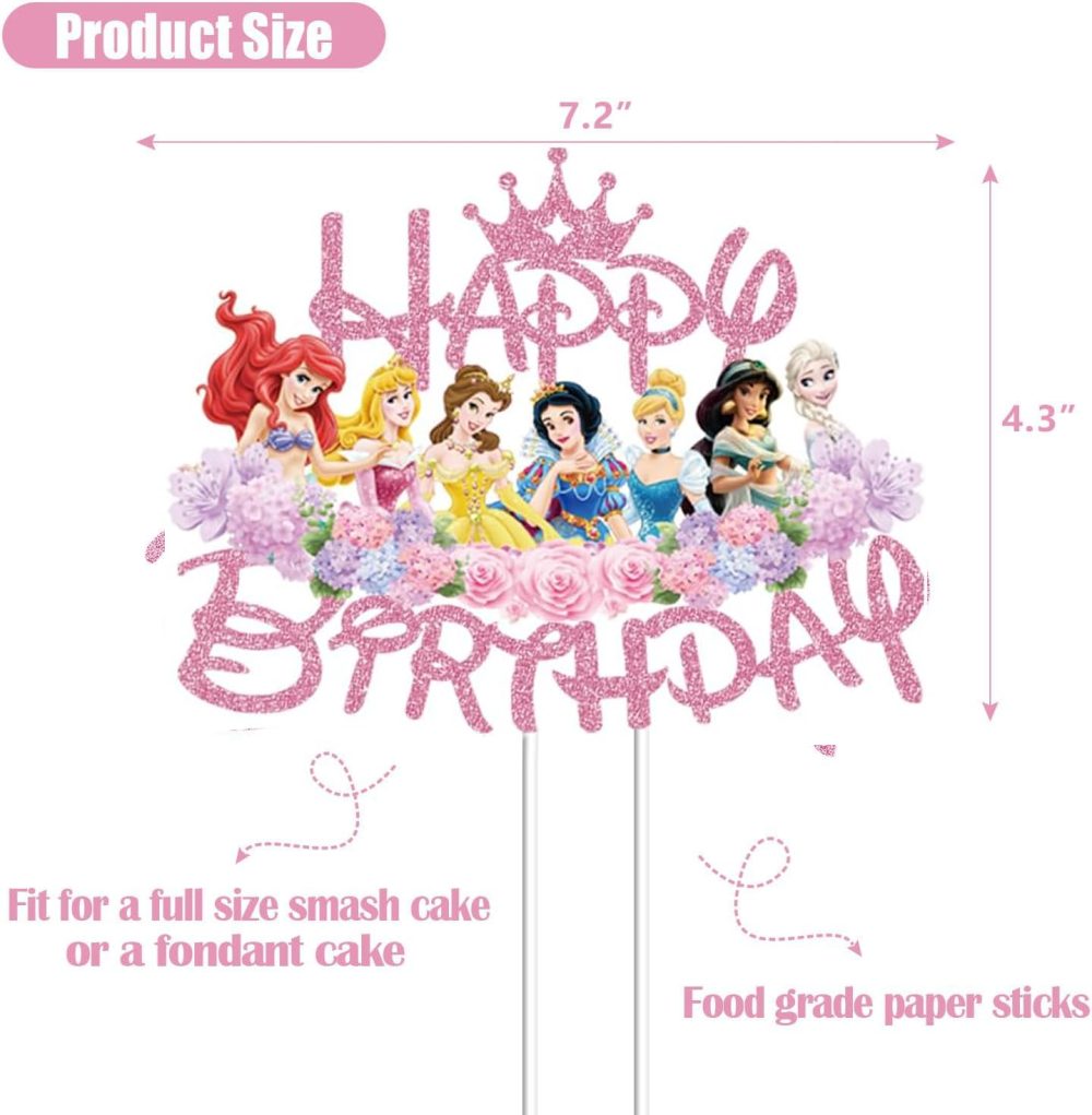 Princess Cake Topper For Girls, Princess Birthday Cake Decorations Pink Glitter Princess Birthday Decoration Theme Party Supplies - Image 3