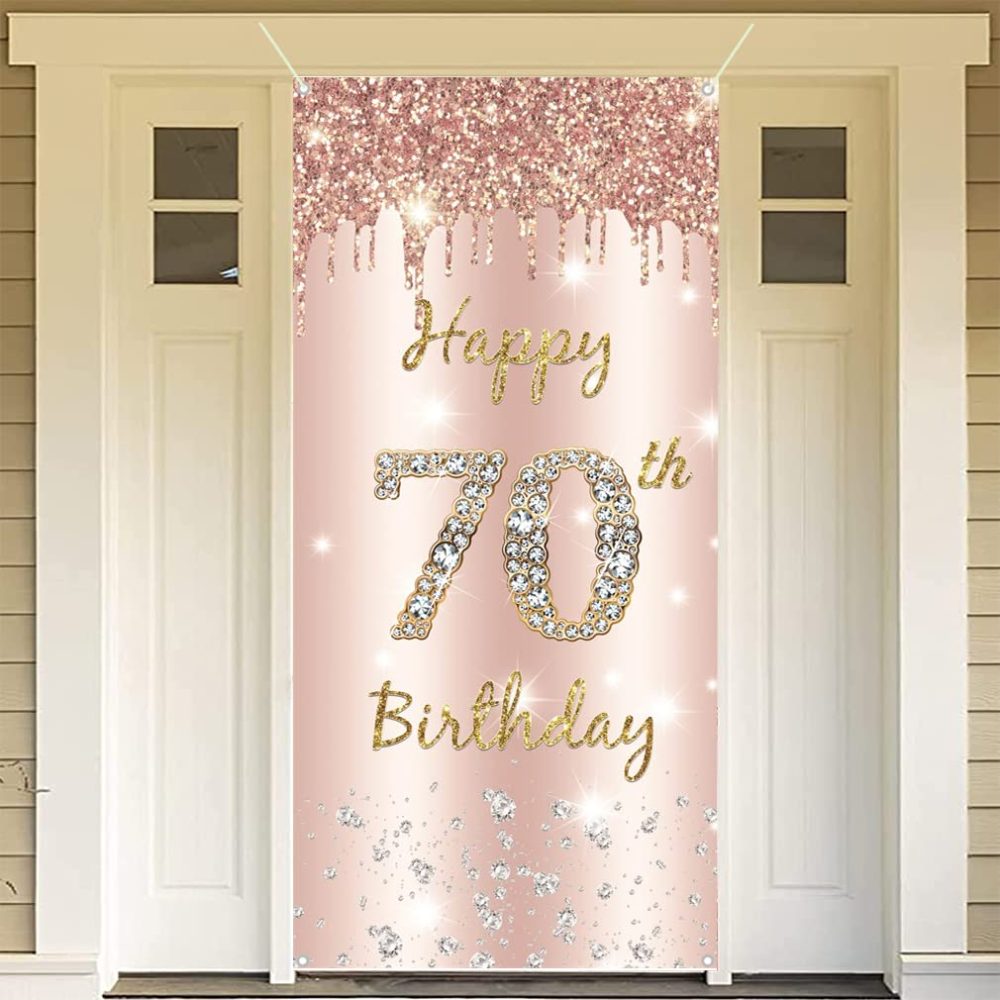 70th Birthday Decoration for Women, Happy 70th Birthday Backdrop Banner Rosegold Fabric Sign Poster, Woman 70th Birthday Decor Door Banner Party Welcome Sign