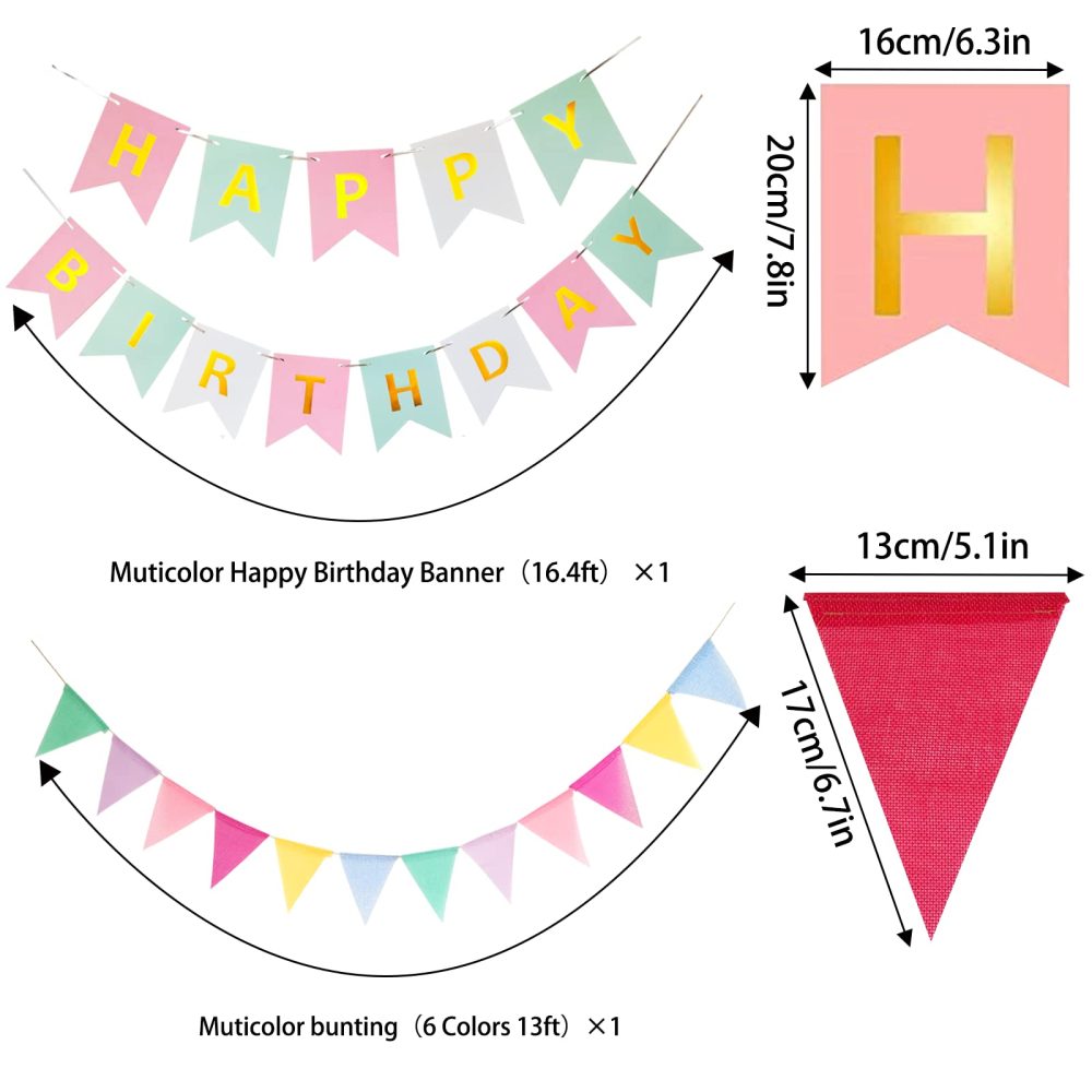 Pastel Birthday Party Decorations,Macaron Happy Birthday Banner ,Bunting,Hanging Paper Fans, Pom Poms,Honeycomb Decorations Set For Girls And Womens - Image 6