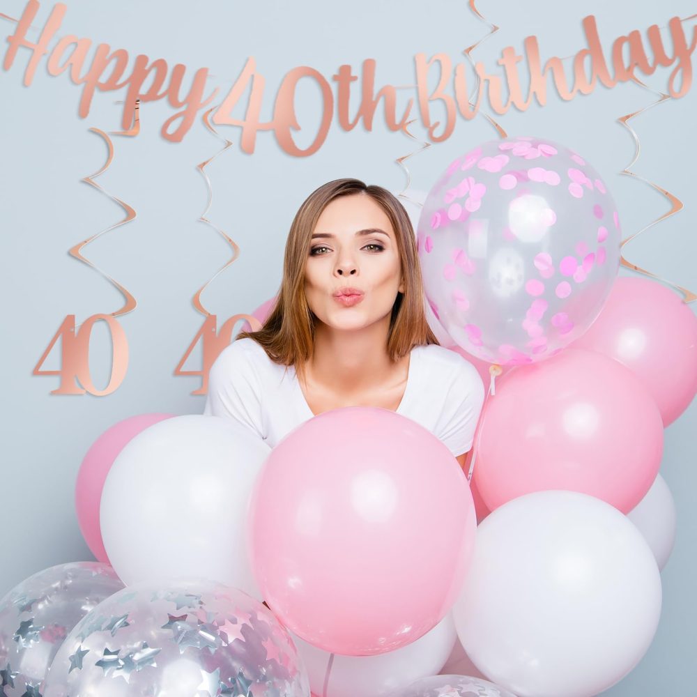 Happy 40th Birthday Banner Decoration Rose Gold Happy 40th Birthday Banner Bunting Hanging with Swirls for Women Lady 40 Years 0ld Anniversary Home Ceiling Outdoor Garden Decorations Party Supplies - Image 6