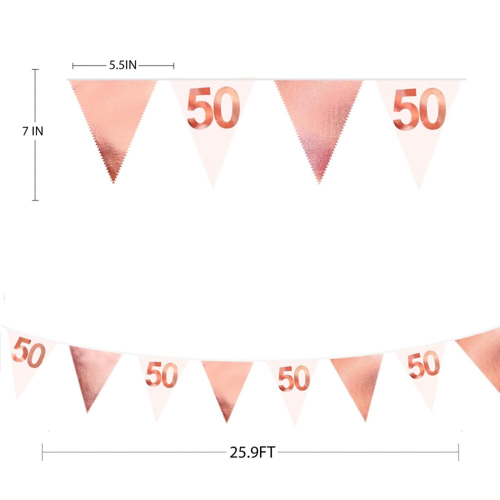 26FT Rose Gold 50th Birthday Party Decorations Pink Fabric Pennant Banner Garland Streamers for Womens 50 and Fabulous Birthday Cheers to 50 Years Anniversary Home Outdoor Garden Decor Supplies - Image 2