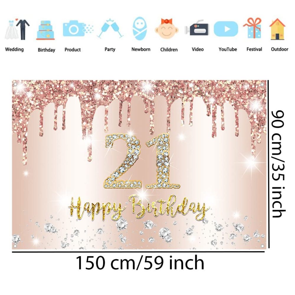 Happy 21st Birthday Party Decoration Backdrop Banner for Women, 21 Years Old Fabric Sign Poster, Rosegold Photo Background 21st Birthday Decotaions Party Supplies, 150x90cm - Image 2