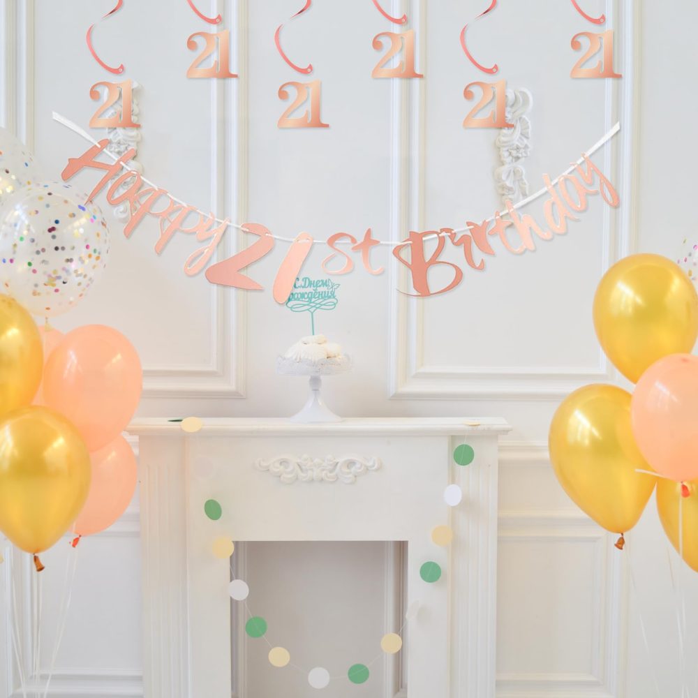 Bliceon 21ts Birthday Bunting Banner, Hanging Swirls Streamers, 21th Birthday Decorations Set for Girls 21 Years Old Birthday Decorations Party Decor - Rose Gold - Image 7