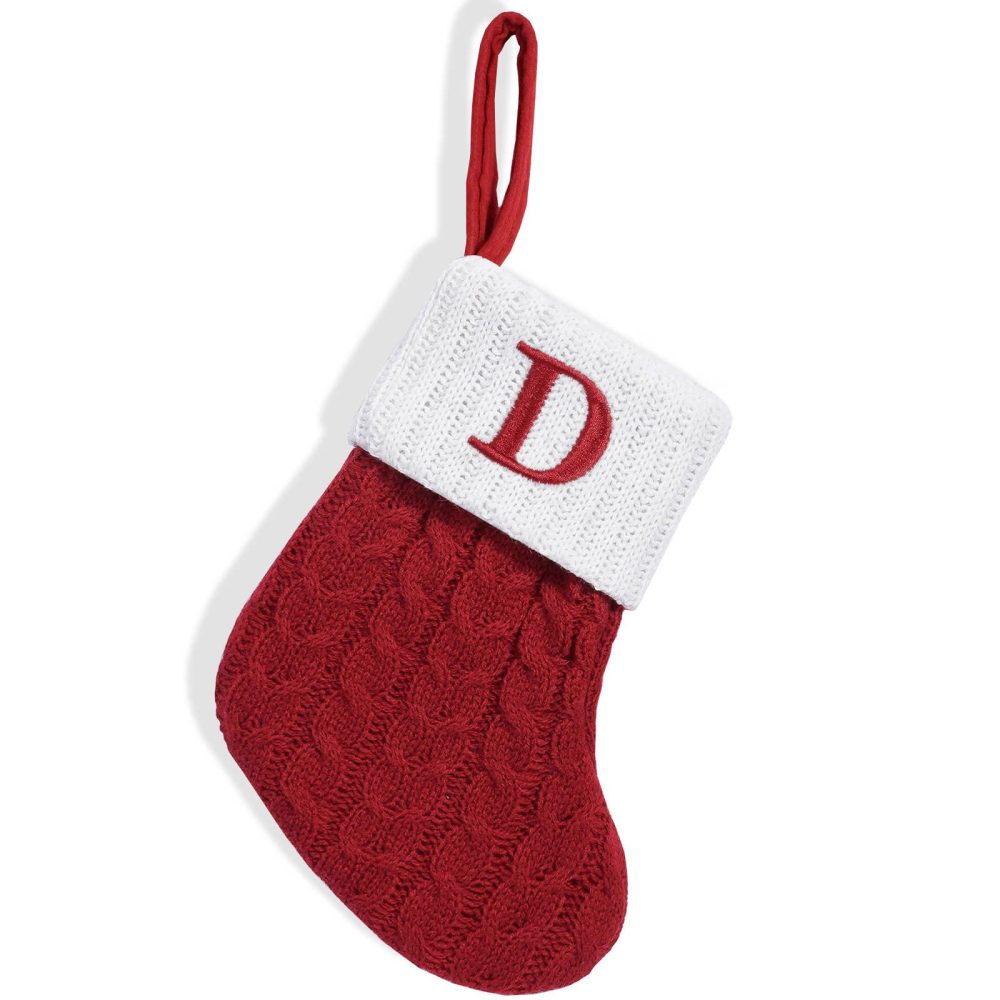 HOME'S FRIEND Alphabet Decorations Stockings, Cable Knit Letter Fireplace Hanging Stockings, Letter Embroidered Knitted Mini Stocking Festive Fireplace Décor Kids Pet Gift (D)