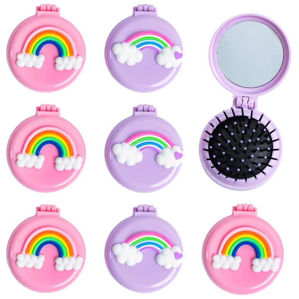 Toyseum 8 x Girls Rainbow Hair Brush with Mirror, Folding Brushes are Ideal Fillers for Kids Party Bags, Small Compact Foldable Brushes for Travel, Favours for Goody Bags & School Prizes, Pack of 8 - Image 4