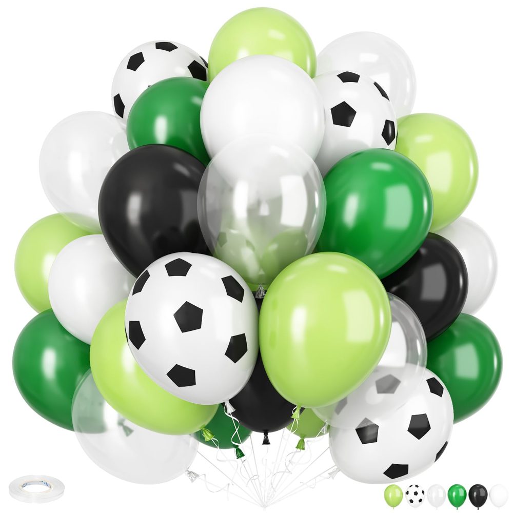 Soccer Birthday Party Balloons, 12 Inch Soccer Printed Balloons Dark Green and Black Balloons Clear Green and White Balloons for Boys Football Soccer Party Sports Anniversary Baby Shower Decorations