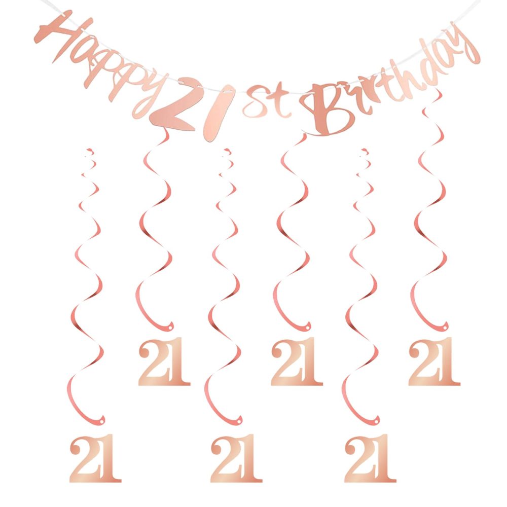 Bliceon 21ts Birthday Bunting Banner, Hanging Swirls Streamers, 21th Birthday Decorations Set for Girls 21 Years Old Birthday Decorations Party Decor - Rose Gold