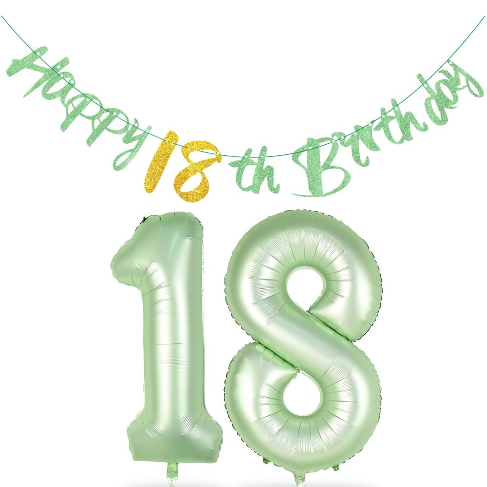 Happy 18th BirthdayBanner - Sage Green 18th Birthday Decorations Glitter Happy 18 Years Old Garland, Foil 18 Balloon Numbers for Girls Boys Sage Green Birthday Decorations 18th Birthday Party Supplies