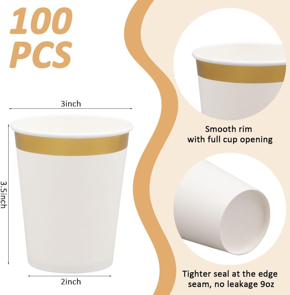 100 Pack Gold Rimmed Paper Cups, 9oz Disposable Paper Cups Bulk, Cold and Hot Drink Paper Cups for Tea Coffee Water Milk Juice Paper Cup Party Wedding Birthday Drinking Cup Party Tableware Supplies - Image 7