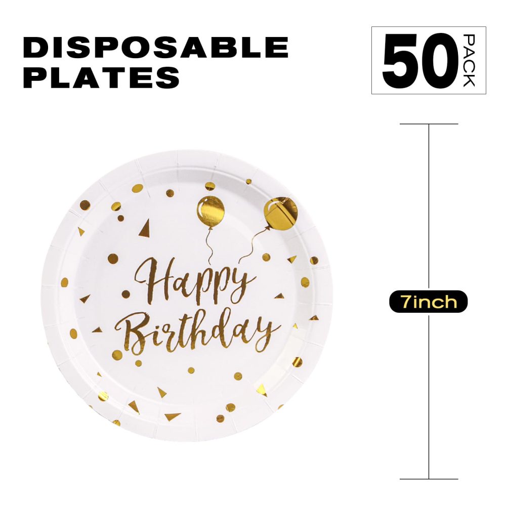 EVYIENEN 50PCS Happy Birthday Party Paper Plates，7inch Disposable White and Gold Plates Set，Party Tableware Party Supplies for Birthday Decorations (White and Gold, 7inch) - Image 7