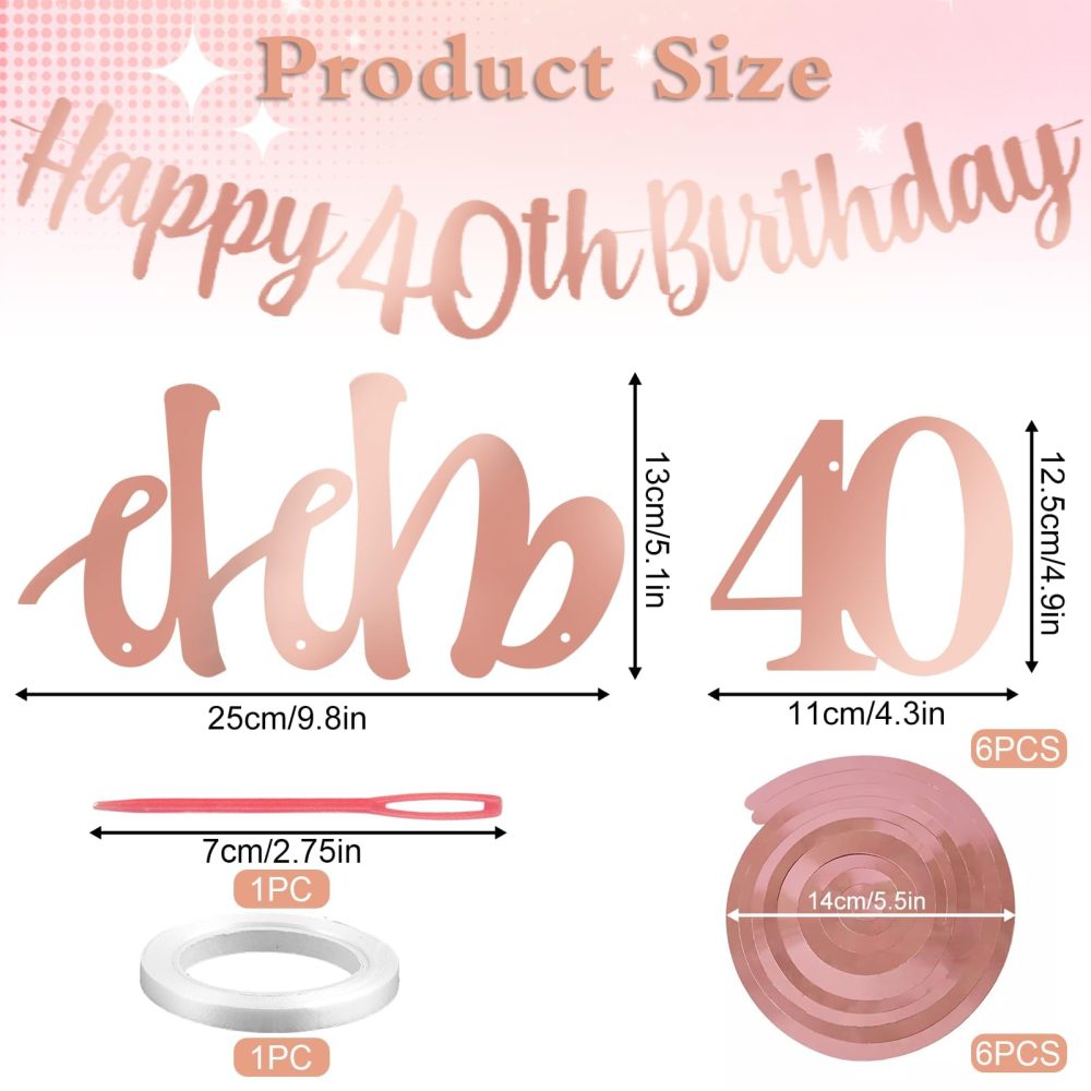 Happy 40th Birthday Banner Decoration Rose Gold Happy 40th Birthday Banner Bunting Hanging with Swirls for Women Lady 40 Years 0ld Anniversary Home Ceiling Outdoor Garden Decorations Party Supplies - Image 4