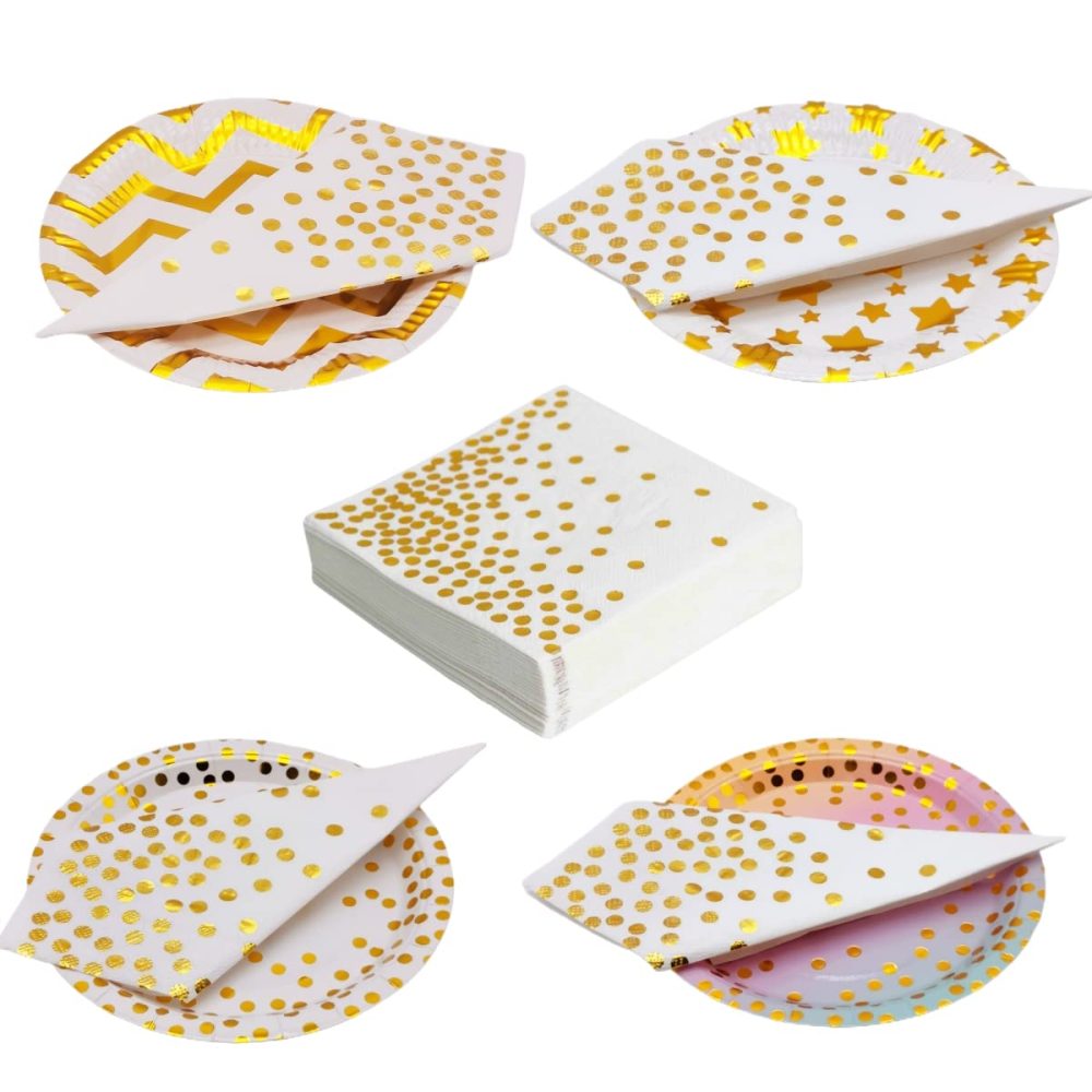 50PCS White and Gold Polka Dot Party Napkins, CEILIWEN 33x33CM White with Gold Napkins, Cocktail Napkins Dinner Napkins Serviettes Napkins - Image 5
