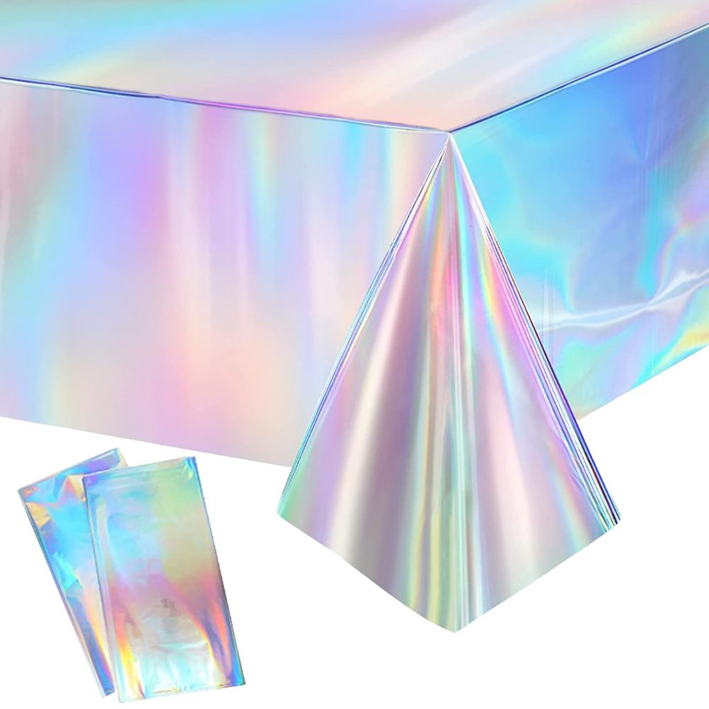 BDSHUNBF 2 Pack Iridescence Plastic Tablecloths, Table Covers Laser, Shiny Rectangle Table Cloth for Boys or Girls Birthday Party, Wedding, Picnic, Halloween, Christmas, 54 x 108 Inch