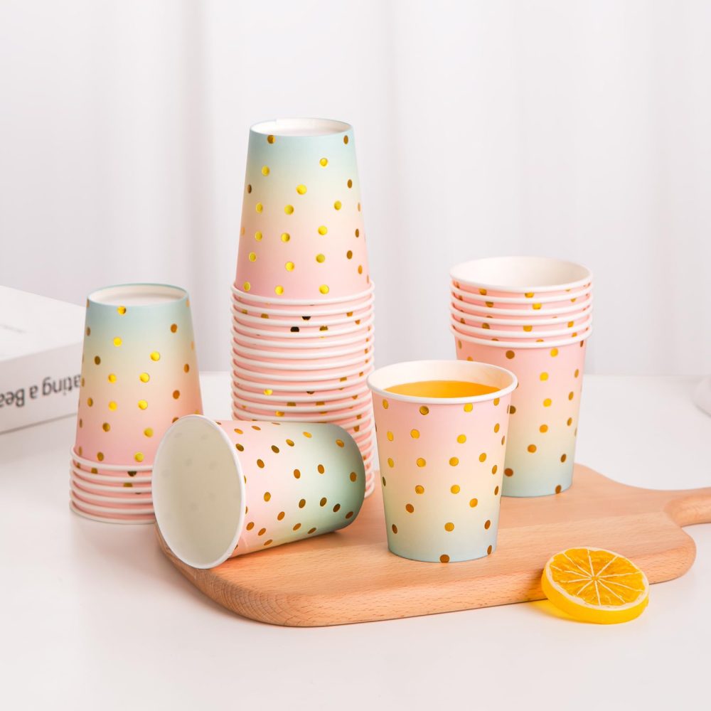 CEILIWEN Pack of 100 Rainbow Color Party Cups, 9 OZ/250ml Polka Dot Paper Cups, Pink Paper Cups for Both Hot Drinks and Cold Drinks (Rainbow Color) - Image 5