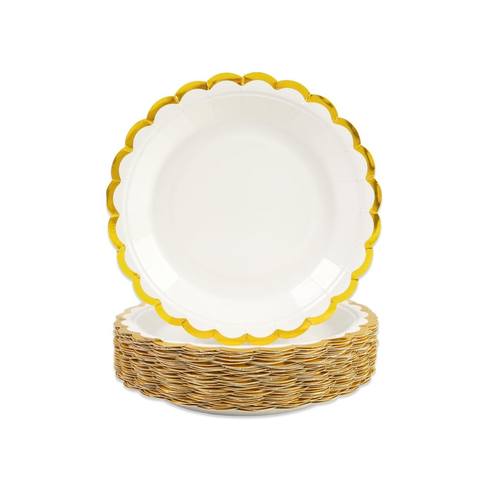 AHPYEUHK 50 Pcs White Paper Plates 7 Inch Birthday Decorations Dinnerware Lace Gold Dessert Plates for Birthday Wedding Party Supplies Tableware