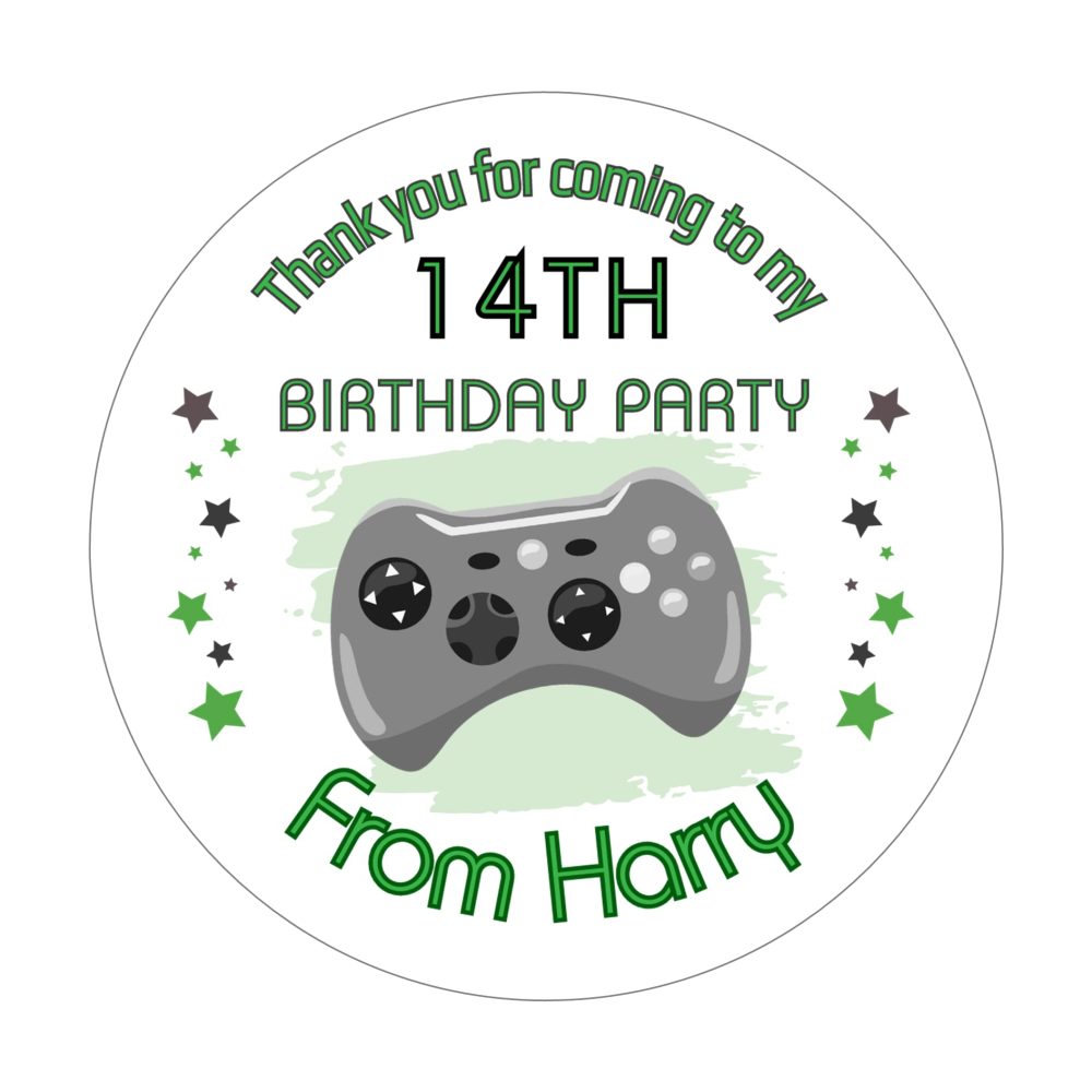 Green Video Game Personalised Boy's Birthday Party Stickers, Gaming Party Stickers (Choose Size - 12 or 24) Sweet Cone Stickers, Labels for Party Bags/Thank You Favour Stickers