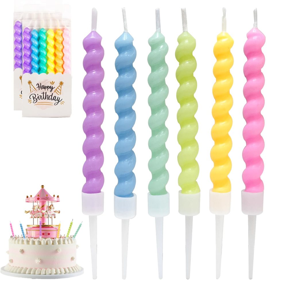 12 Pcs Birthday Candles for Cakes, Rainbow Spiral Cake Candles, Party Candles with Holders for Birthday Cake Baby Shower Cake Wedding Party Decoration
