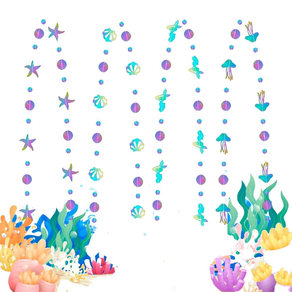 Dinghaole 52Ft Iridescent Mermaid Party Decorations-Bubble Pearl Starfish Seashell Jellyfish Garland-Ocean Under The Sea Theme-Baby Shower Birthday Party Supplies-Holographic Paper Bunting Streamers