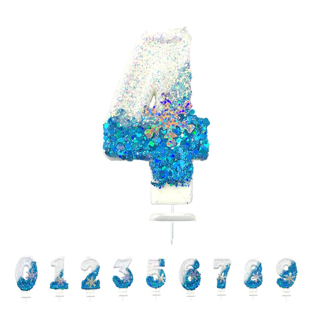 Blue White Frozen Birthday Candles for Cake, Number Candles with Snowflake, Frozen Cake Candles Decorations for Kids, Glitter Number Candles for Birthday Wedding Anniversary (Number 4)