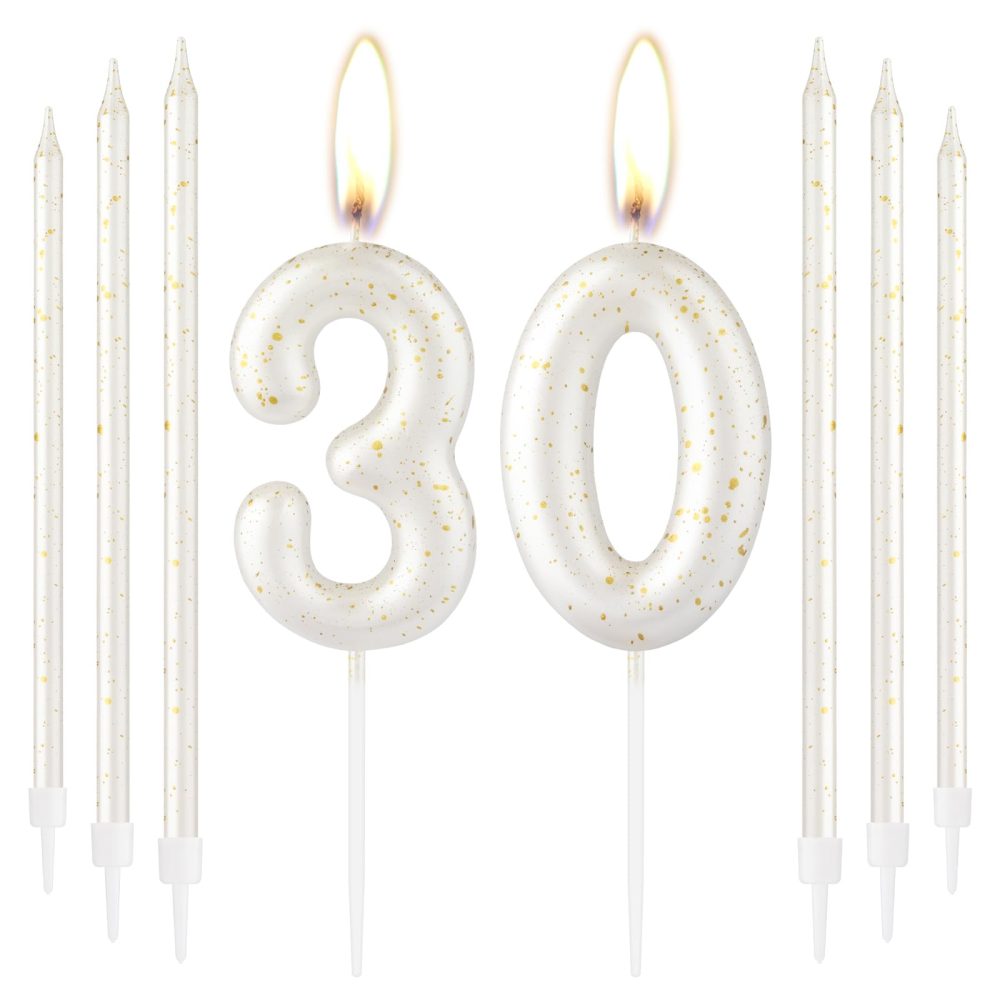 White Gold Happy 30th Birthday Candles, Gold Number 30 Candles for Birthday Cake, White Gold Birthday Candles Cake Topper for Women Men 30th Birthday Cake Decorations, Wedding Anniversary Supplies