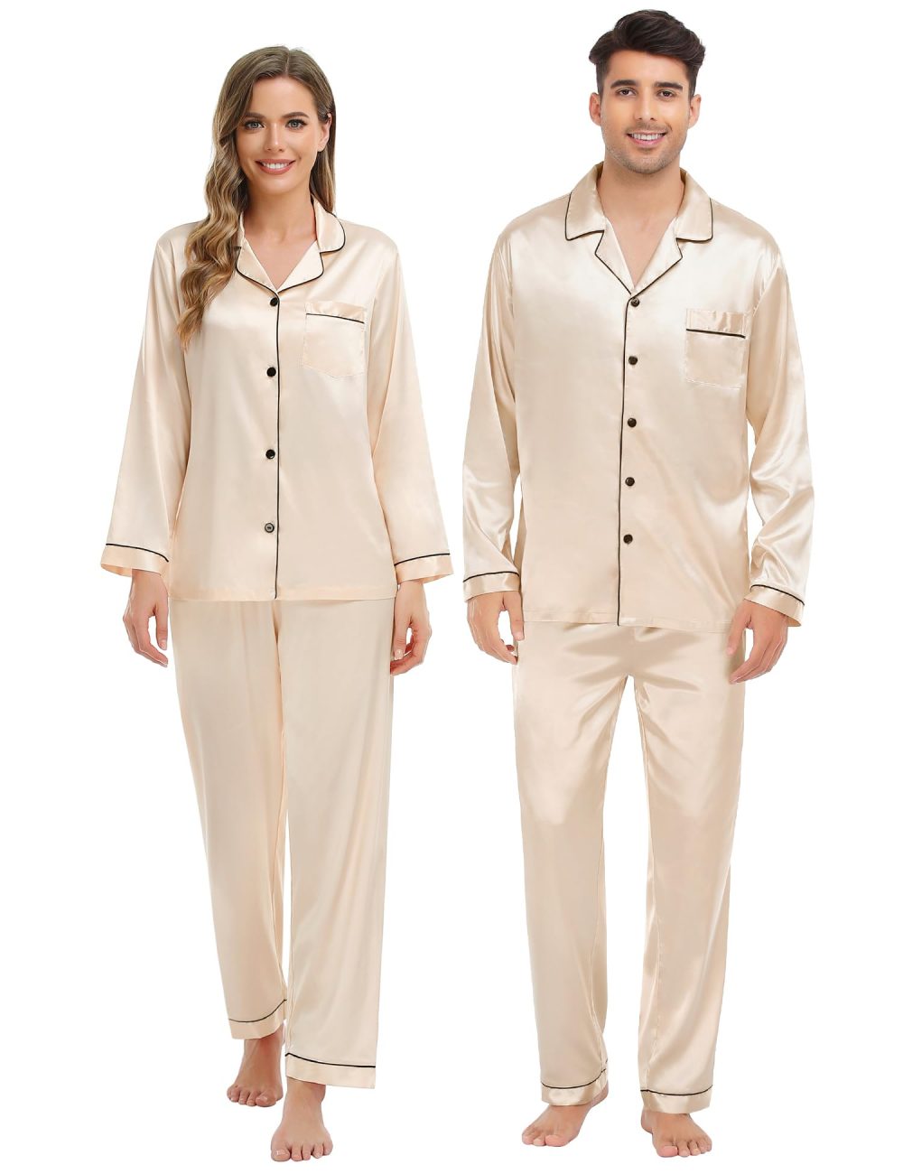 SWOMOG Mens Matching Pyjamas Set Silk Satin Button Down Sleepwear Long Sleeve Nightwear 2 Pcs Pj Set Men Champagne XX-Large