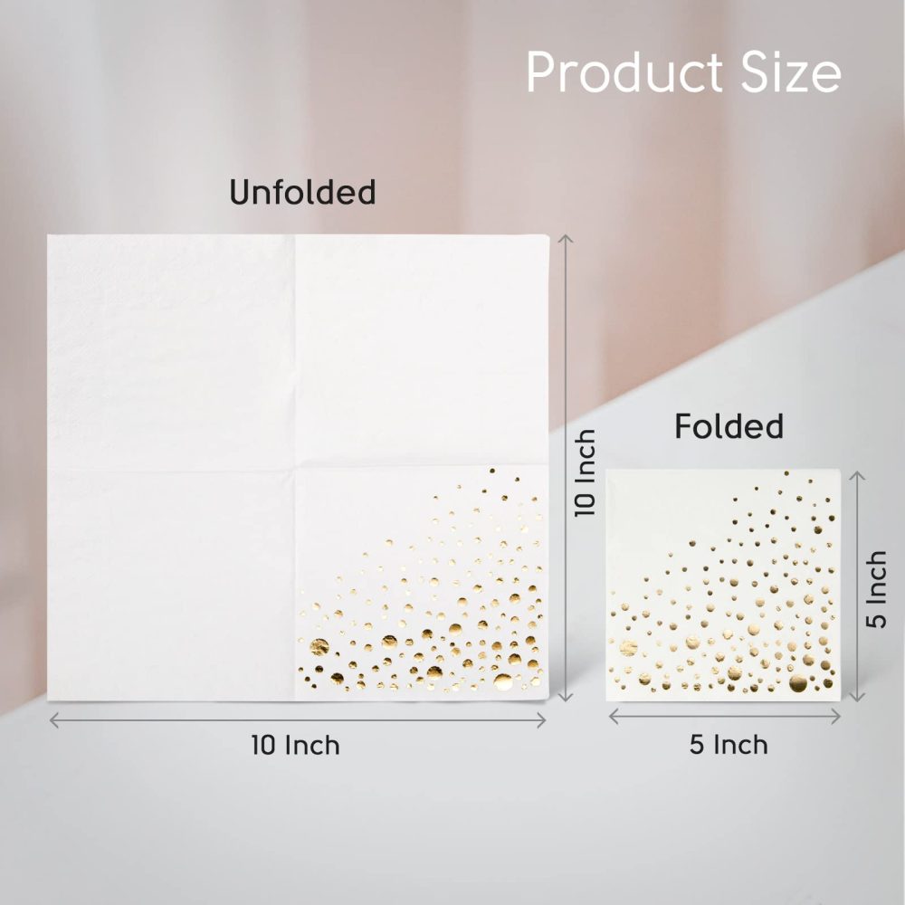 Stylish Gold Napkins -100 Pack of Gold Cocktail Napkins - Small 5x5 Inch Party Napkins - 3 Ply Disposable Gold Serviettes -White and Gold Napkins - Disposable Gold Paper Napkins for Wedding or Party - Image 7