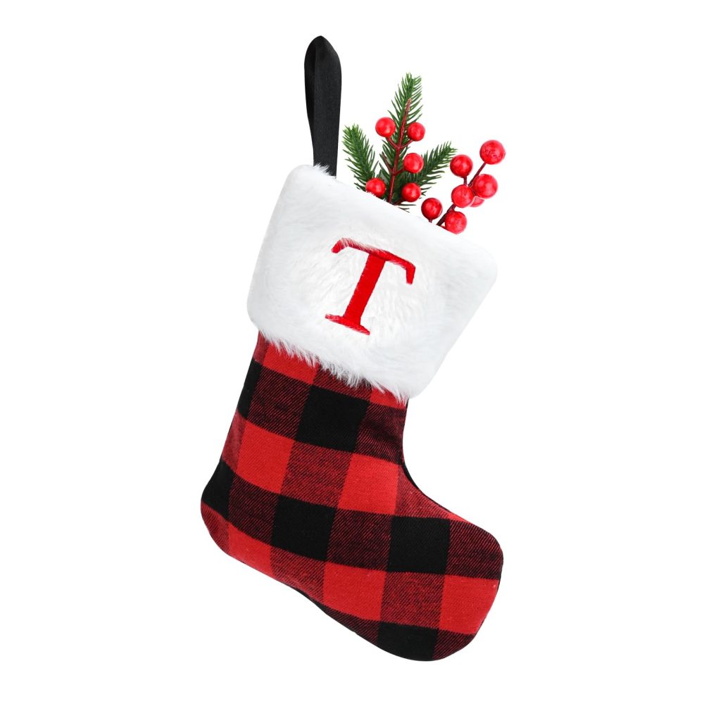 Christmas Stockings 7inch Personalised Xmas Stockings Red Scotland Plaid Classic Christmas Stockings with Letters Faux Fur Plush Cuff Hanging Stockings for Xmas Decor Tree Decoration (T)