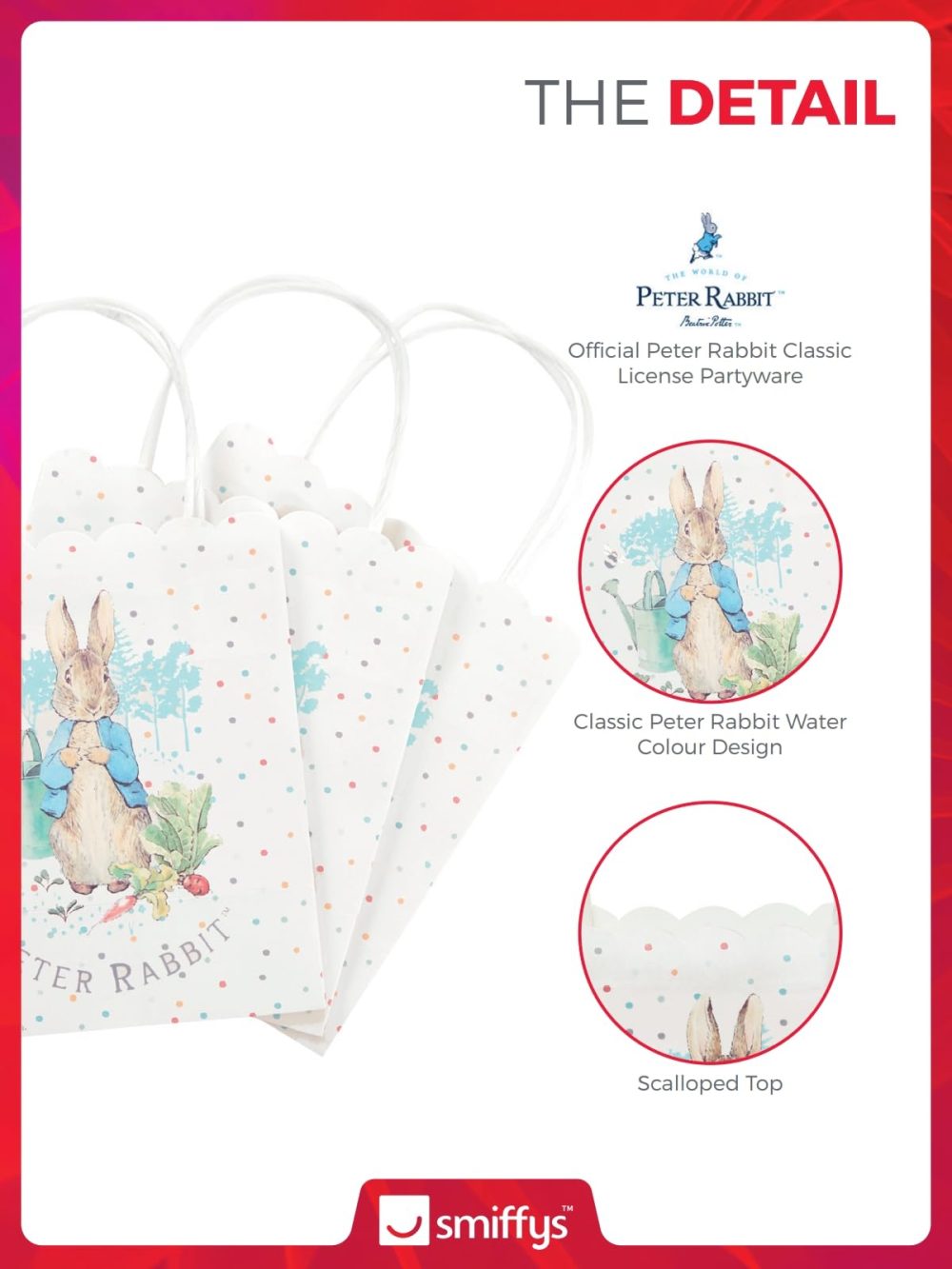 Smiffys Peter Rabbit Classic Tableware Party Bags x6, 17 x 20 cm with Scalloped Top, Official License Partyware for Birthday Celebrations & Themed Events, Perfect for Party favours - Image 5