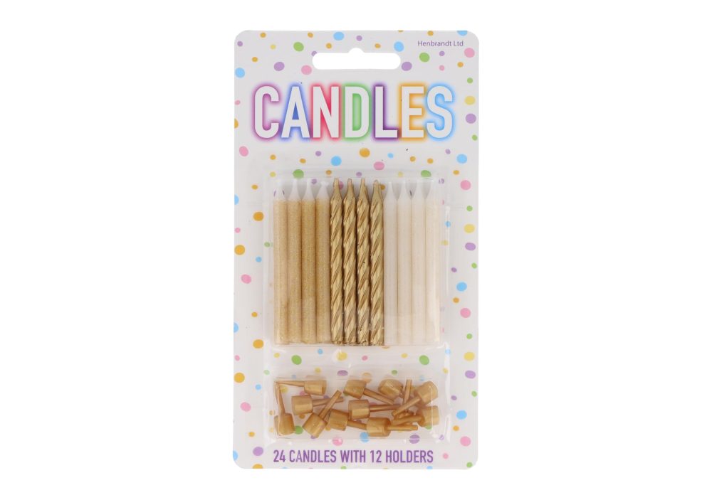 Henbrandt Pack of 24 Gold Party Candles with Candle Holders, 3 Assorted Styles Glitter + Spiral Celebration Candles for Birthday Cakes Wedding Party Baby Showers and Anniversary Decorations - Image 7