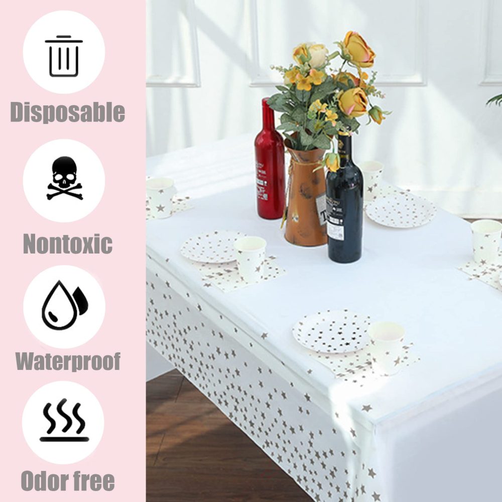 2Pcs 137*274cm White and Silver Disposable TableCloths Party Paper Plastic TableCloth,Silver Star Rectangular Waterproof Table Cover for Picnic,Baby Shower,Wedding,Christmas,Birthday Party Decor - Image 5