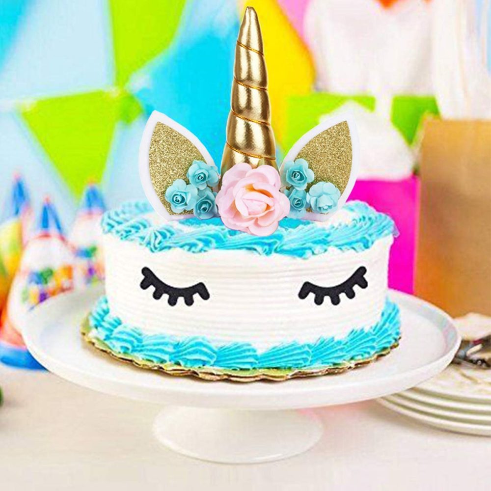 OWILL Unicorn Cake Topper with Eyelashes Party Cake Decoration Supplies for Birthday Party Wedding Baby Shower 5.8 inch (Green Flower Gold Horn) - Image 5