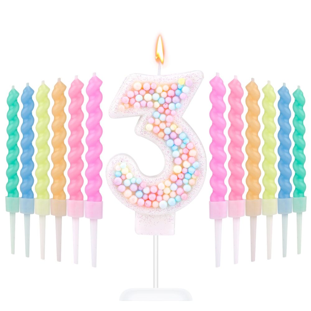 Macaron Number Birthday Candles, Sweet Number Candles with 12pcs Rainbow Spiral Candles Candy Color Cake Topper Candle for Anniversary Party Wedding Boys Girls (3)