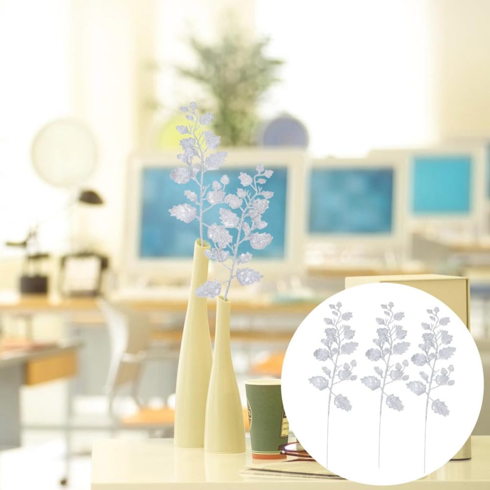 NUOBESTY 10Pcs Chinese Glitter Leaves Picks Sprays Artificial Holly Leaves Picks Stems Wired Twig Stem Fake Bunch for DIY Garland Holiday Wreath Ornament (Silver) - Image 4