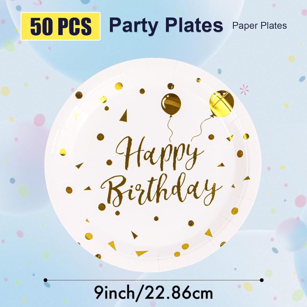 BOKFJBP 50 Pack Party Paper Plates 9 inch Happy Birthday White and Gold Party Paper Plates Set,Disposable Dinner Plates Party Tableware for Graduation, Birthday Decorations, Christmas - Image 7