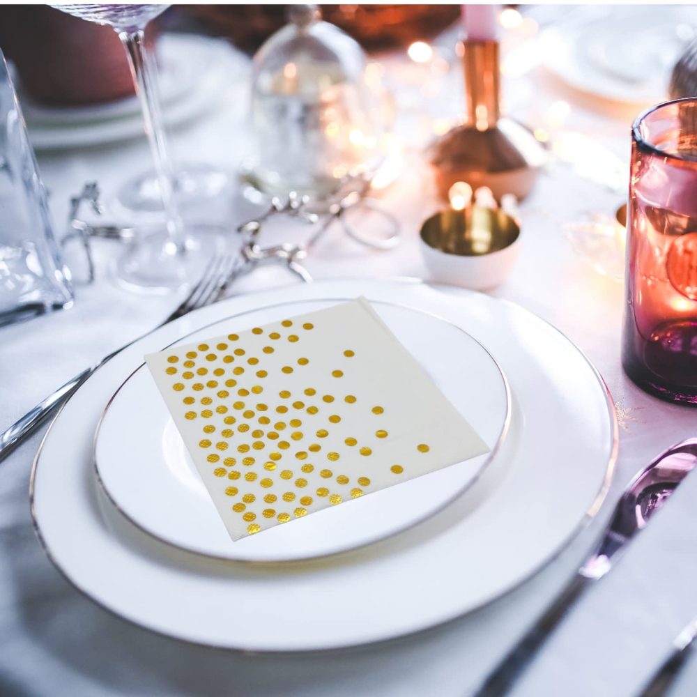 50PCS White and Gold Polka Dot Party Napkins, CEILIWEN 33x33CM White with Gold Napkins, Cocktail Napkins Dinner Napkins Serviettes Napkins - Image 3