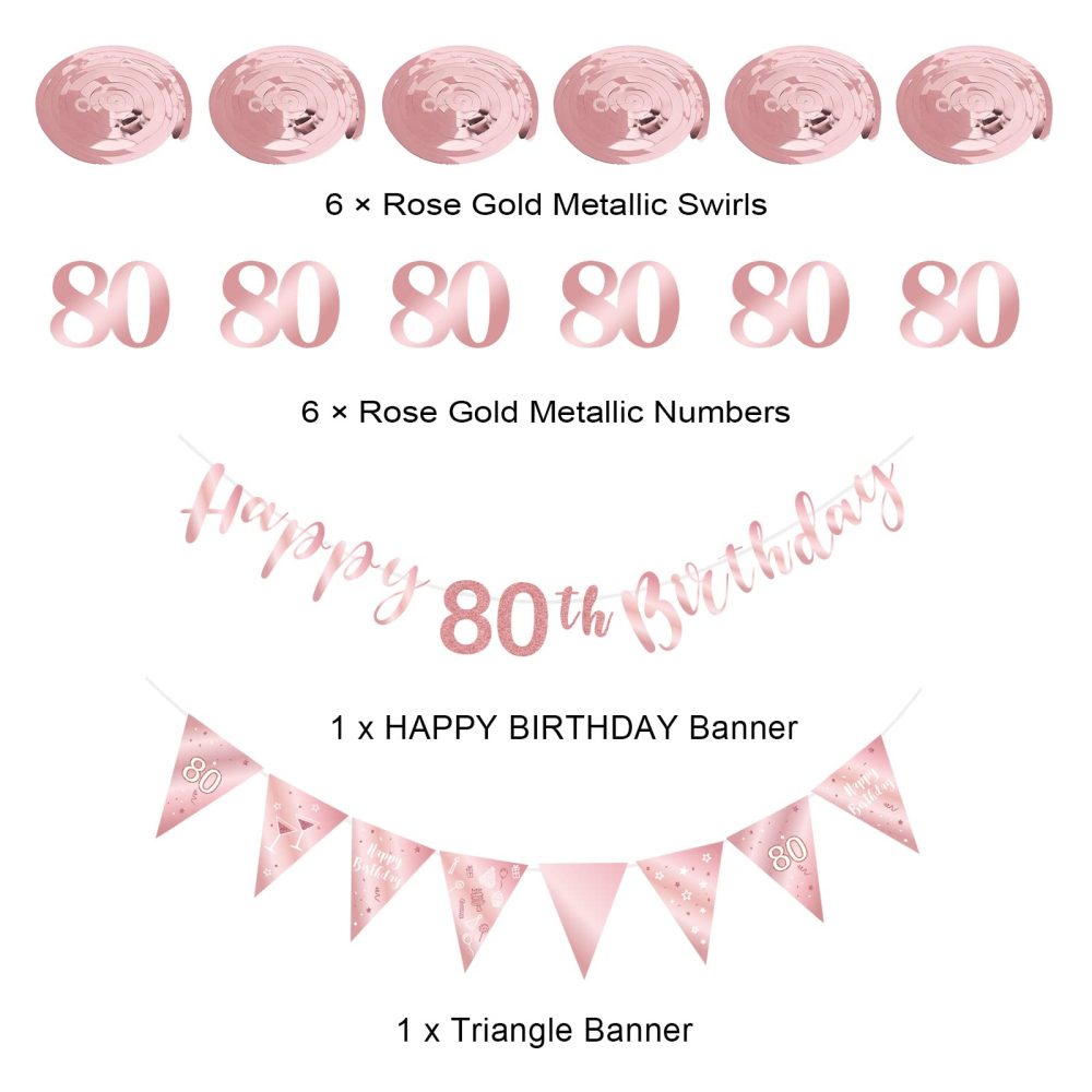 SZHUIHER 80th Birthday Decoration Kit for Women, Happy 80th Birthday Banner Bunting Swirls Streamers, Triangle Flag Banner for Birthday Party Decorations Supplies Rose Gold 80th - Image 4