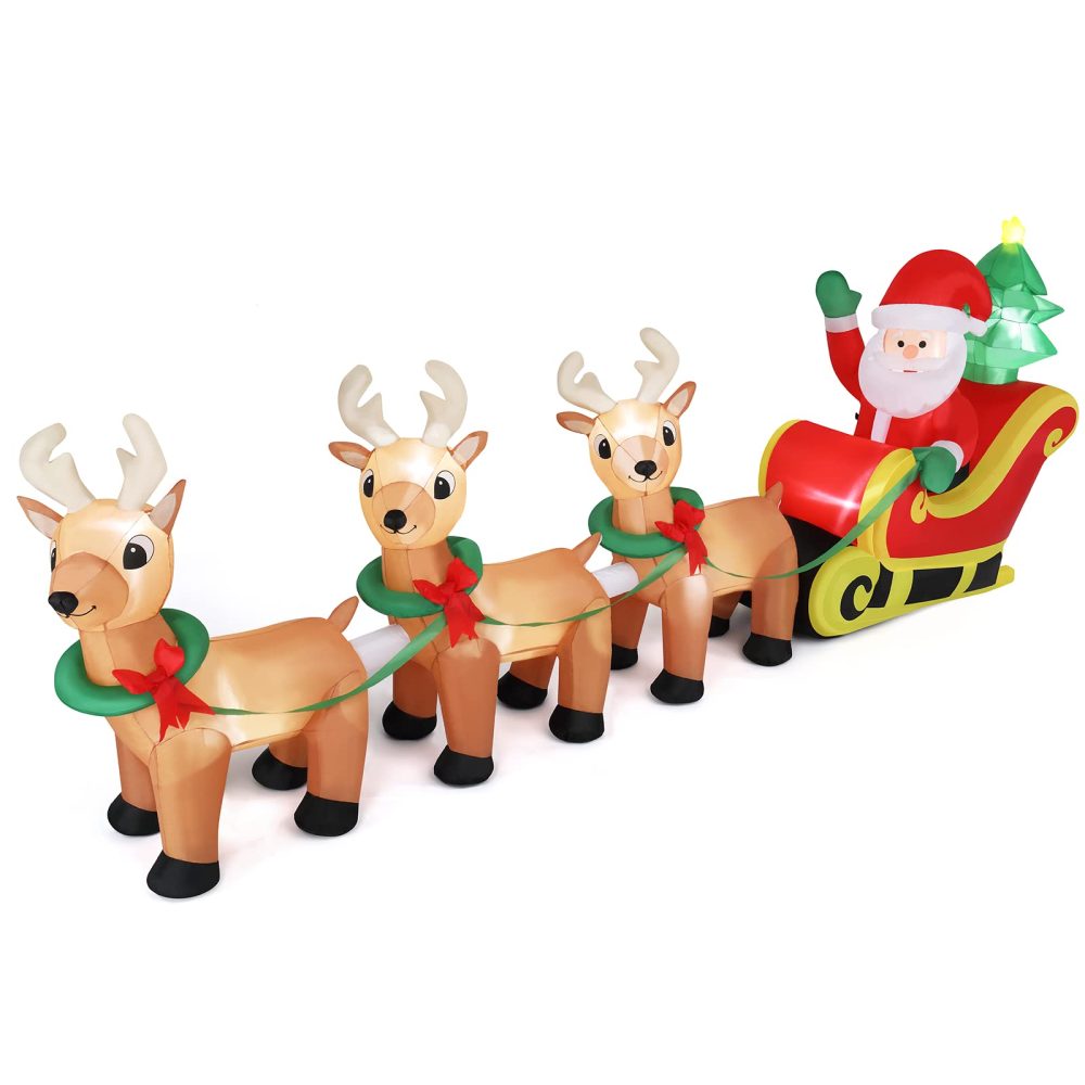 Bonnlo Lighted Inflatable Christmas Decoration, 10ft Long Blow Up Christmas Santa Claus Sleigh & Reindeer Outdoor Decorations with Secure Stakes, Electric Blower Fan for Indoor Outdoor Yard Decor - Image 2