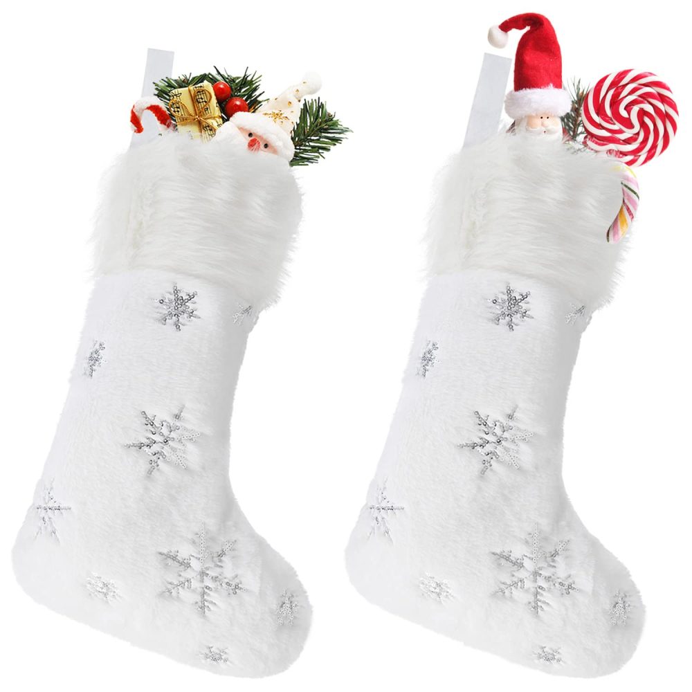 DIYASY 2 Pack Christmas Stocking, Large White Plush Faux Fur Xmas Stockings with Silver Glitter Snow Flakes for Christmas Party Gift Fireplace Tree Decoration