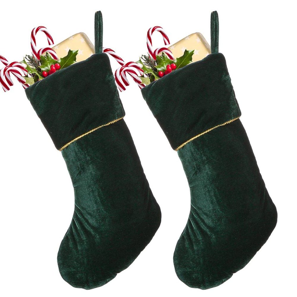 Dibor Set of 2 Large Green Velvet Luxury Christmas Stockings - H48cm