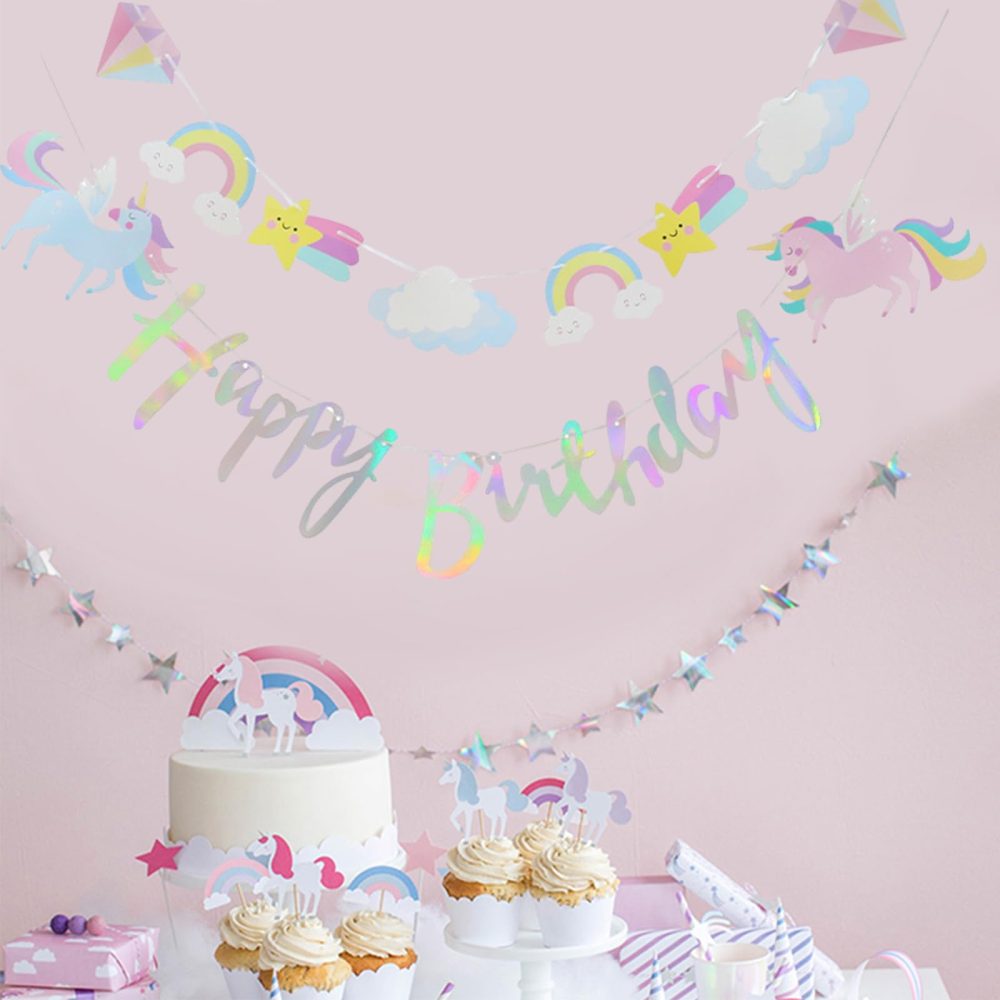 2 Pack Unicorn Party Decorations Rainbow Supplies, Personalised Cartoon Fairy Happy Themed Favors Bunting Banners with Sparkle Gold Glitter Unicorn Birthday Decorations for Kids Girls Wall Door Decor - Image 2