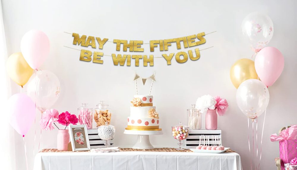 May The Fifties Be With You - Happy 50th Birthday Party Glitter Banner - 50th Star Wars Birthday Party Decorations and Supplies - 50th Wedding Anniversary Decorations - Image 4