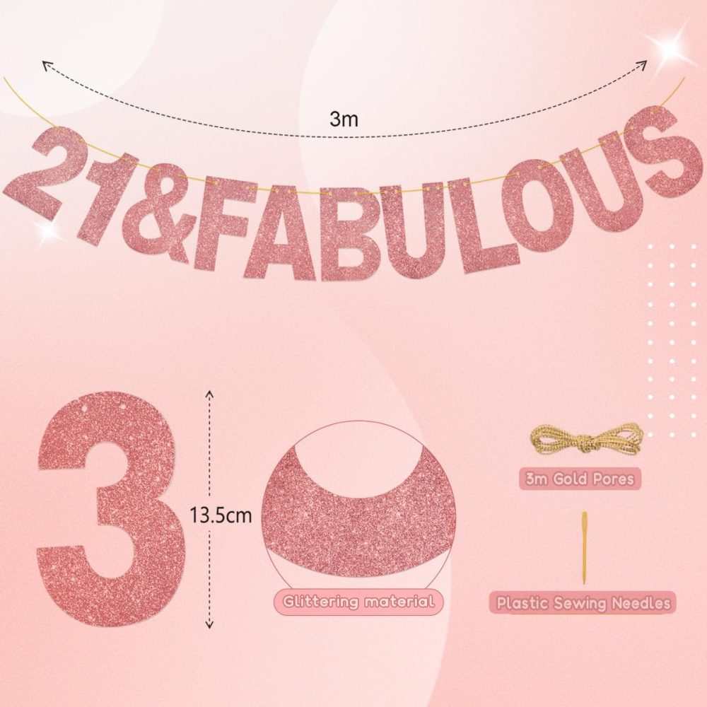 "21 & Fabulous" Birthday Banner,3M Long Rose Gold Glitter 21th Banner Great for 21th Birthday Party Decor (Rose Gold 21th) - Image 7