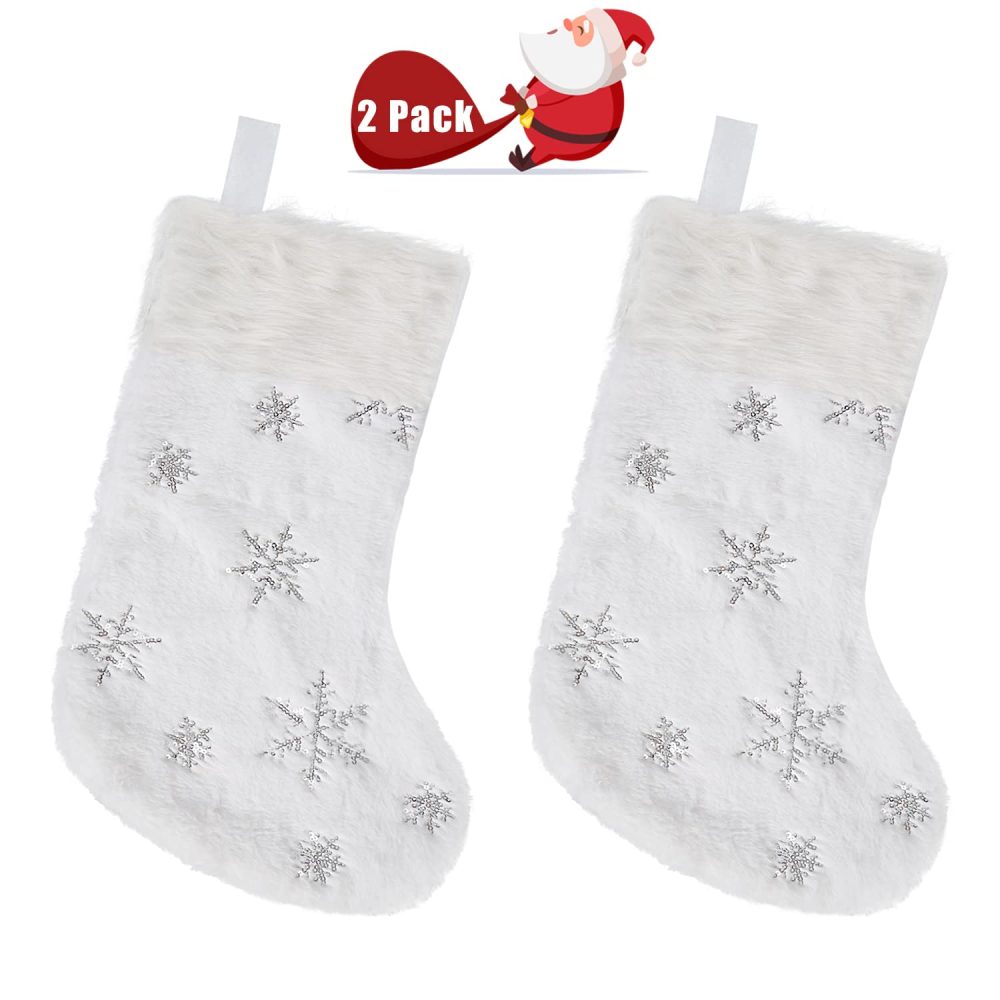 DIYASY 2 Pack Christmas Stocking, Large White Plush Faux Fur Xmas Stockings with Silver Glitter Snow Flakes for Christmas Party Gift Fireplace Tree Decoration - Image 7
