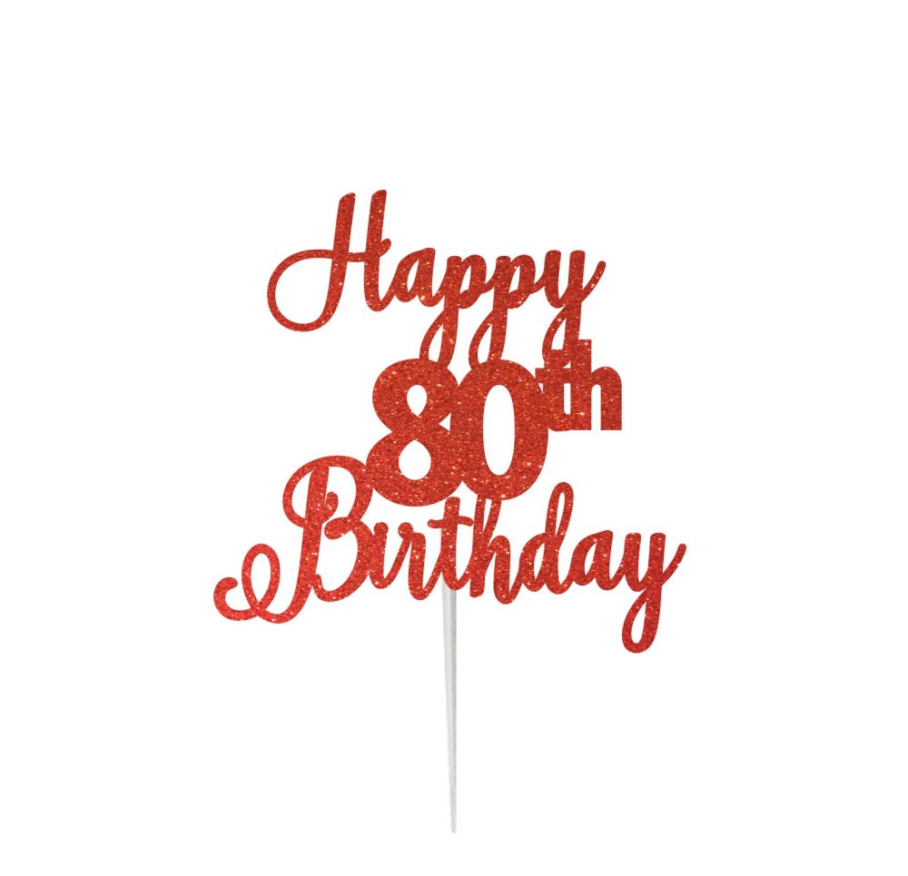 LissieLou Happy 80th Birthday Cake Topper in Pretty Glitter Card, Made in the UK - Red