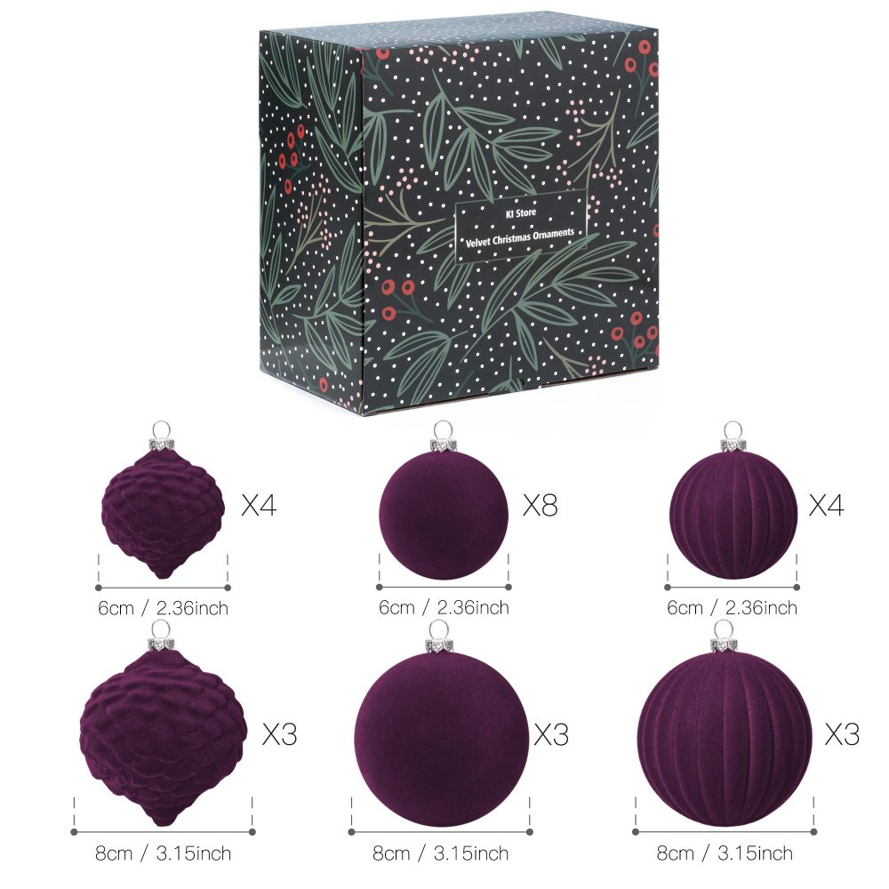 KI Store Magenta Purple Velvet Christmas Baubles 25pcs Shatterproof Flocked Christmas Tree Ornaments 80mm 60mm Assorted for Xmas Tree Decorations - Image 2