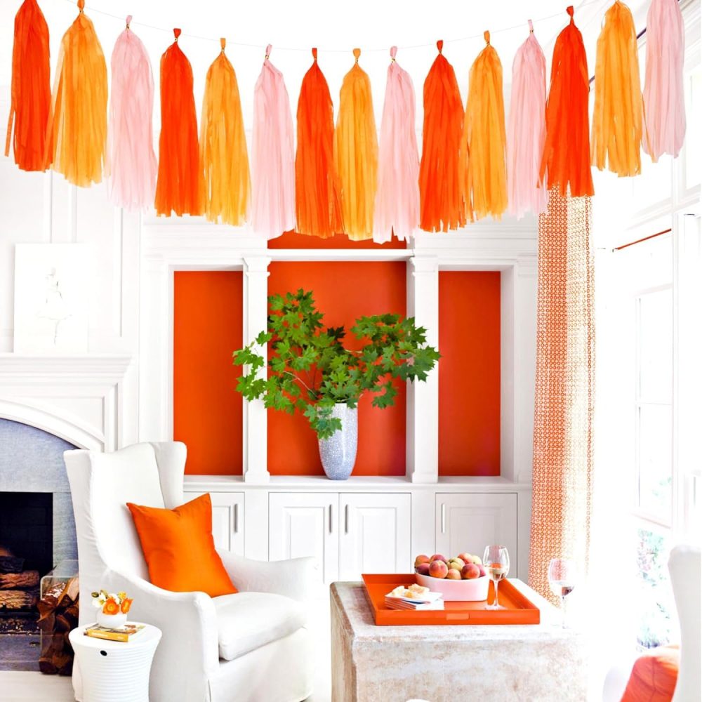 Pink-Orange Groovy Party-Decorations Tassel-Garland - 15pcs Fall Autumn Thanksgiving Harvest Tassels, Birthday Baby Bridal Shower Engagement Wedding Decor - Image 2