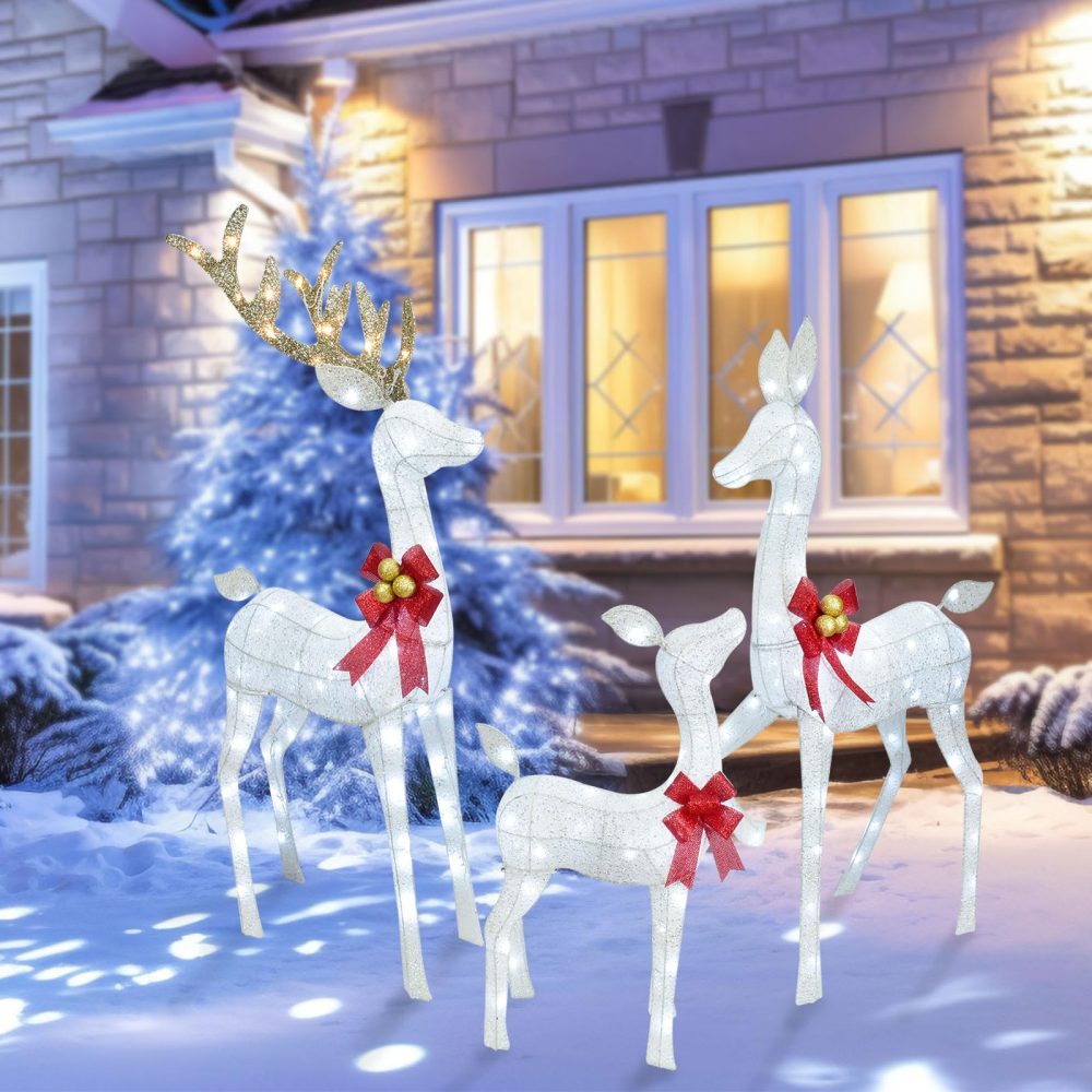 HOYECHI Lighted Christmas Decoration Deer 3 Piece, Light up Christmas Decor Reindeer Family Set for Indoor Outdoor Front Yard Porch with LED Lights, Plug, Extension Cord, Ground Stakes - White - Image 4